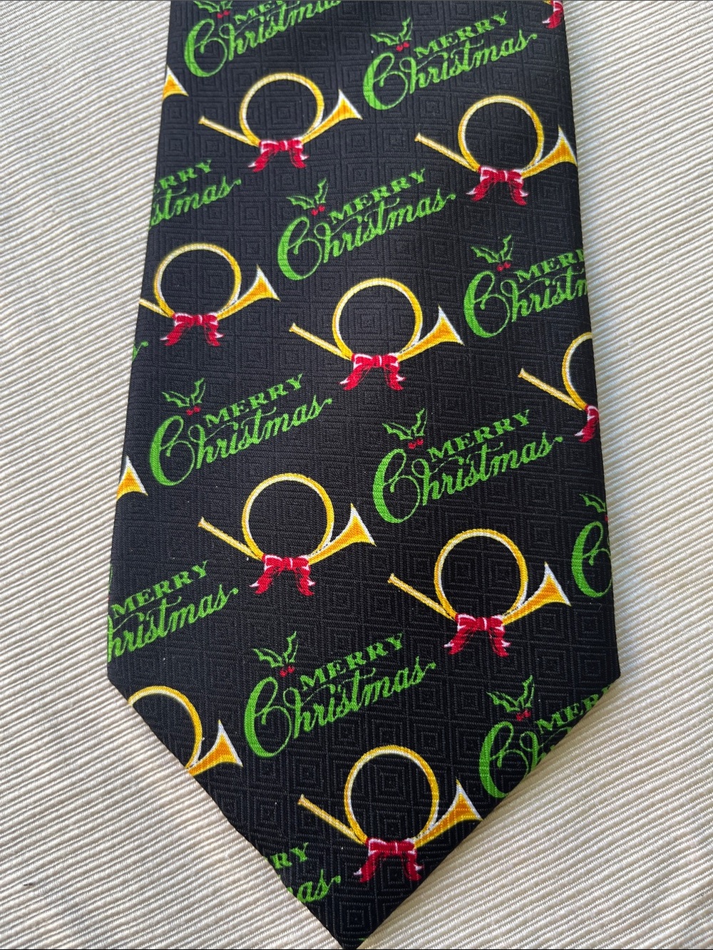 Men's Black Christmas Print Tie - Holiday Horn & Wreath Pattern